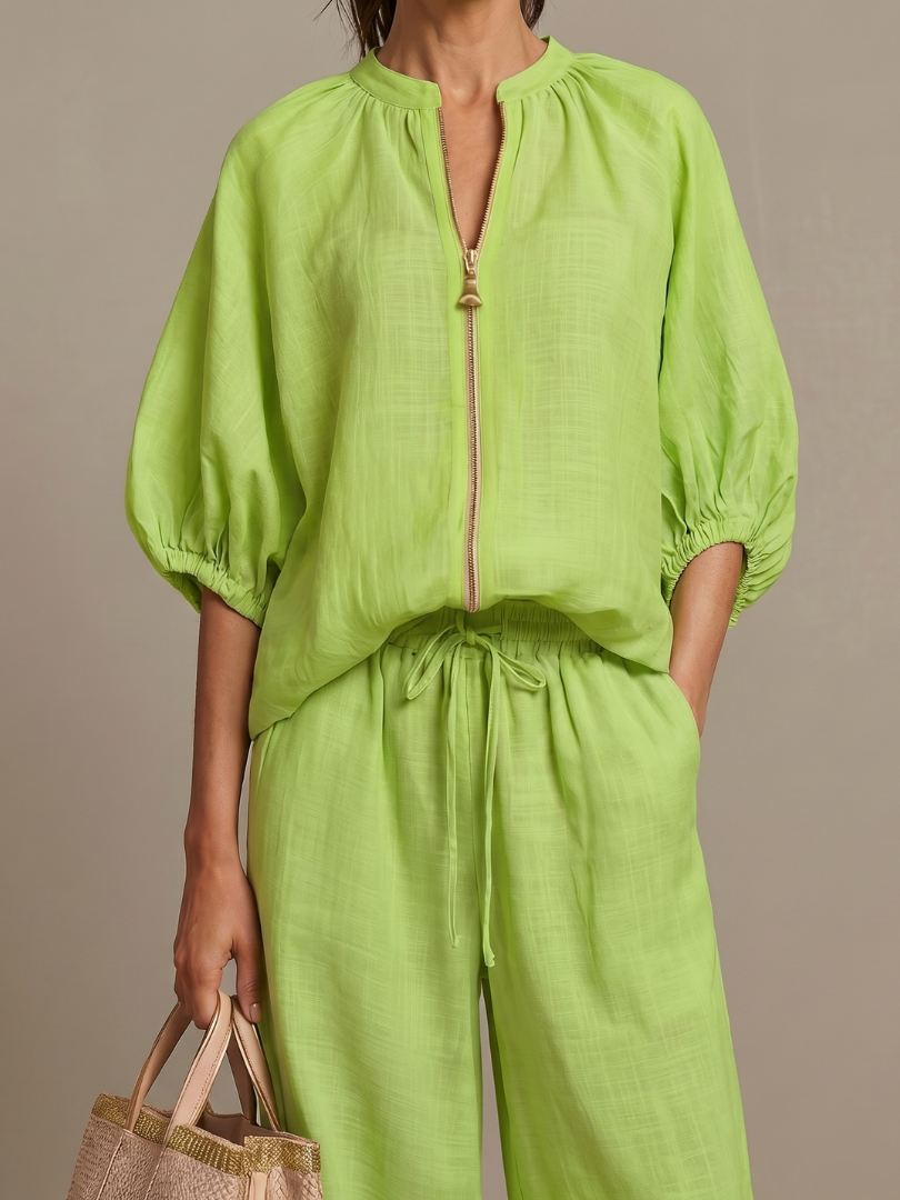 Natalia | Zip-Front Blouson Top with Wide-Leg Trousers