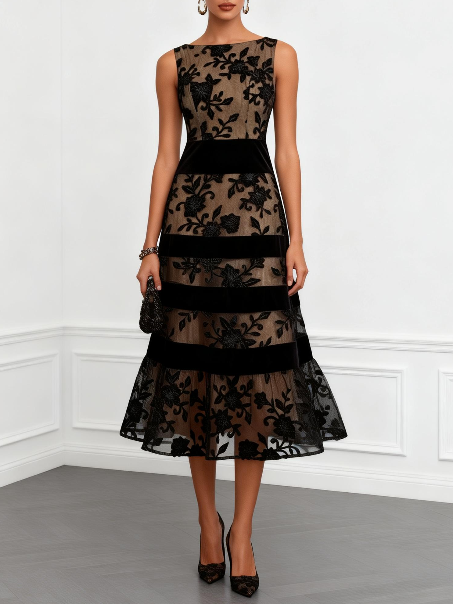 Floral-Embellished Black Mesh Sleeveless A-Line Midi Dress