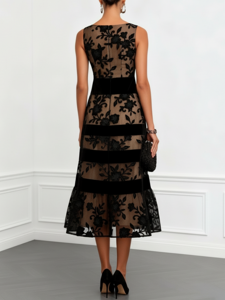 Floral Embellished Black Mesh A-Line Midi Dress