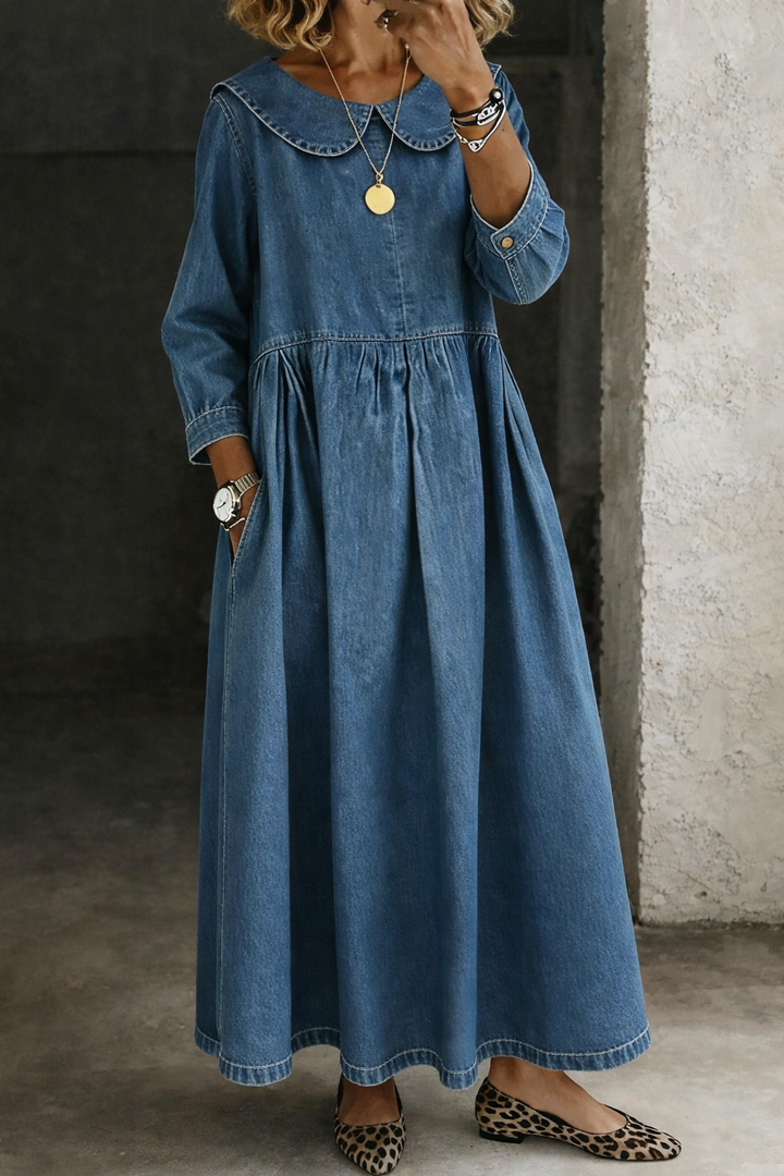 Clara | Denim Dress Featuring a Charming Peter Pan Collar