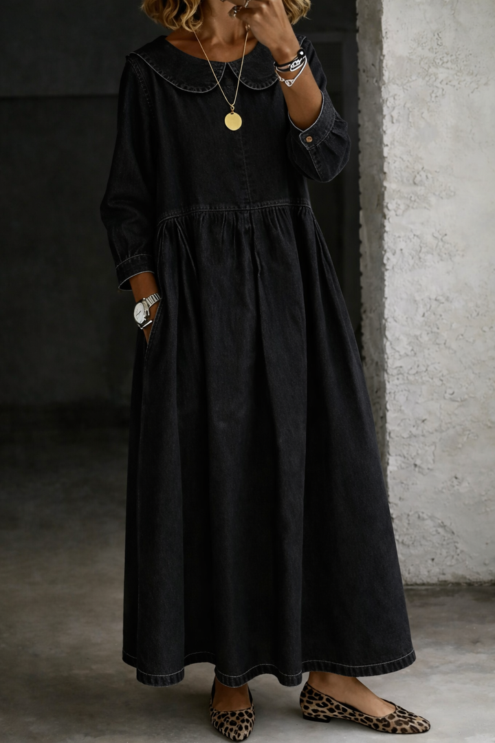 Clara | Denim Dress Featuring a Charming Peter Pan Collar