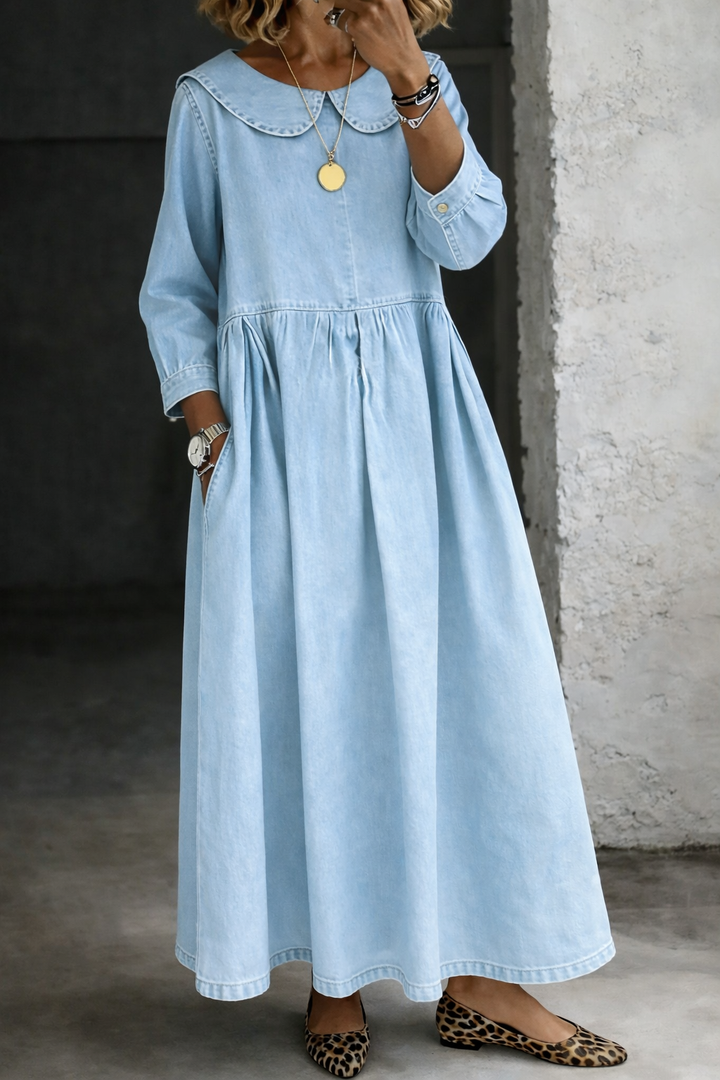 Clara | Denim Dress Featuring a Charming Peter Pan Collar