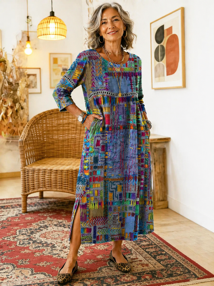 Manuela | Denim Dress with Ethnic Patchwork Details