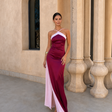 Satin long dress with crossover neckline