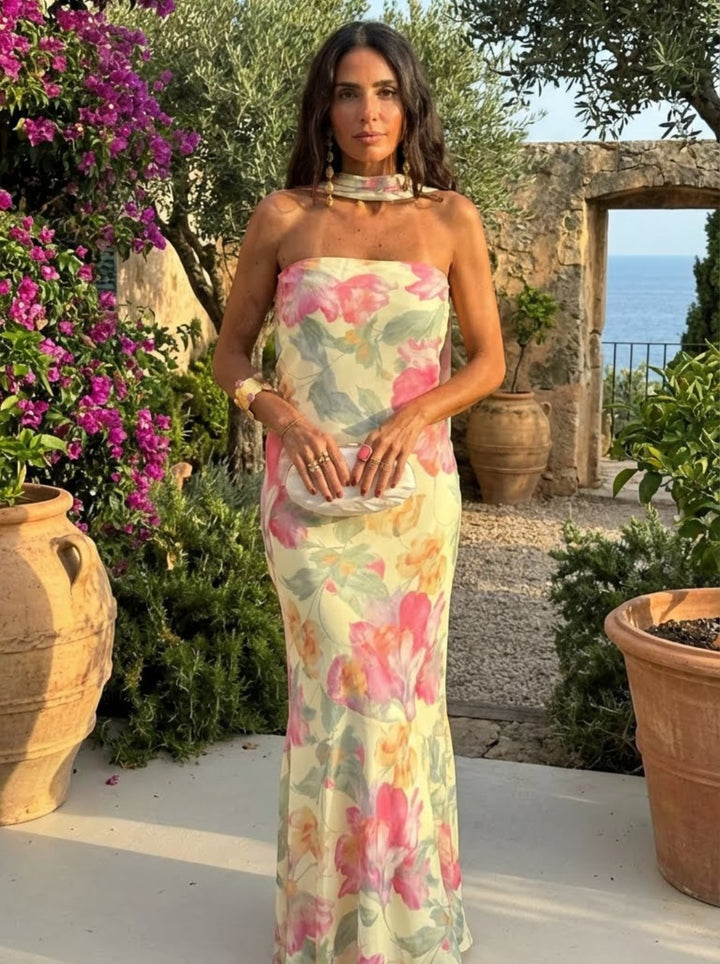Strapless Floral Watercolour Long Dress