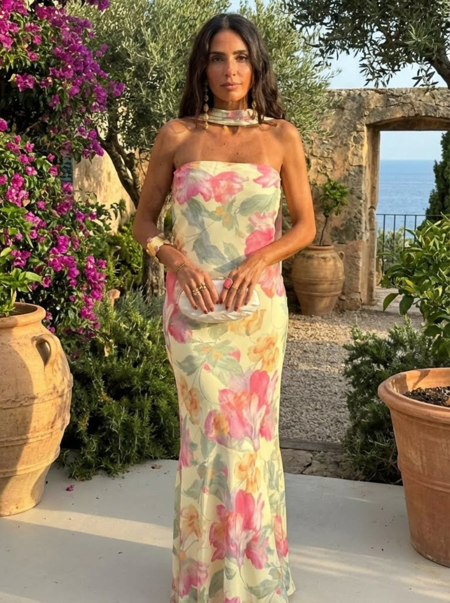 Strapless Floral Watercolour Long Dress