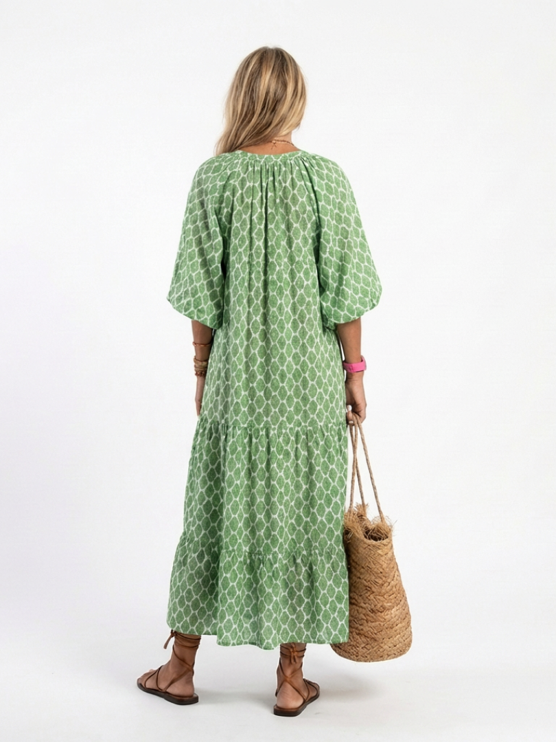 Apolline | Midi Dress with V-Neck and Three-Quarter Sleeves in Patterned Design