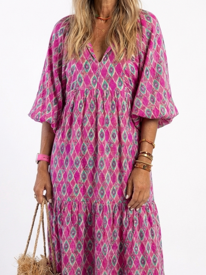 Apolline | Midi Dress with V-Neck and Three-Quarter Sleeves in Patterned Design