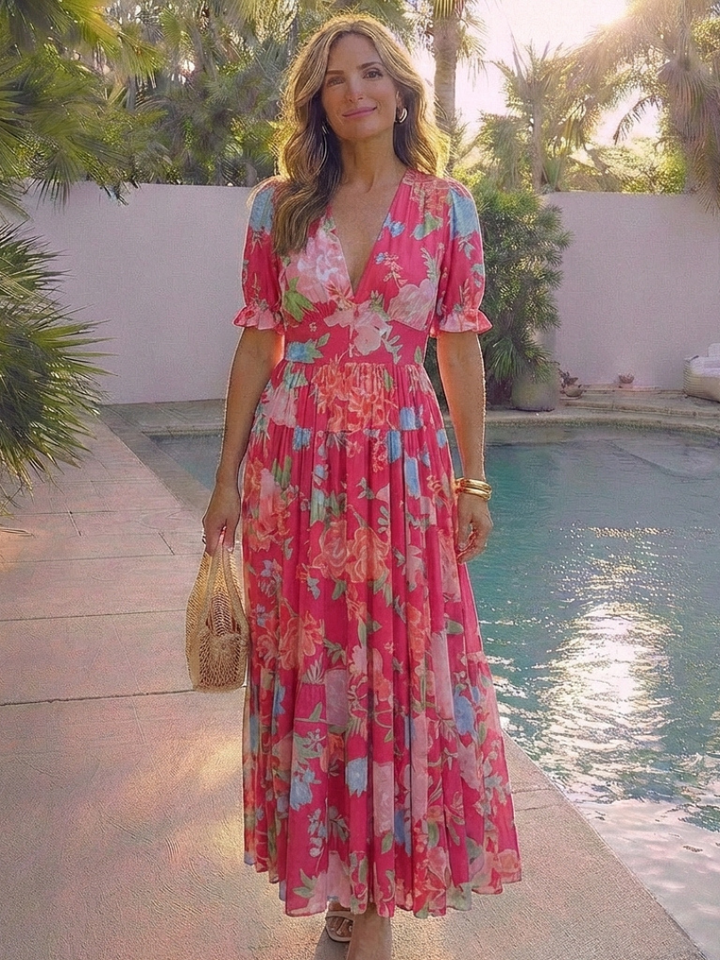 Brielle | V-Neck Short Sleeve Tiered Midi Dress