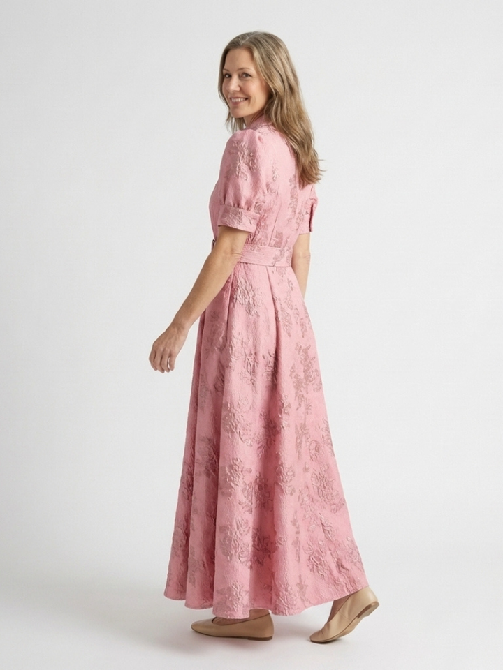 Xanthea | Tailored Floral Textured Maxi Shirt Dress with Short Sleeves