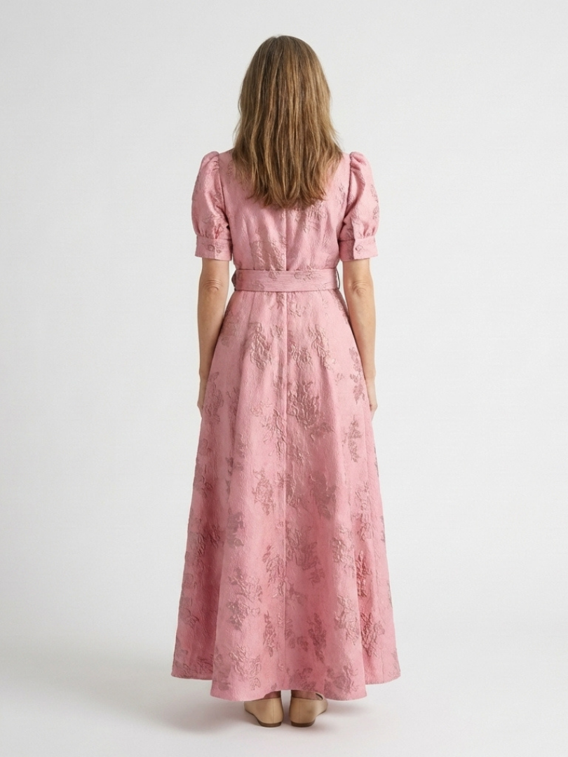 Xanthea | Tailored Floral Textured Maxi Shirt Dress with Short Sleeves