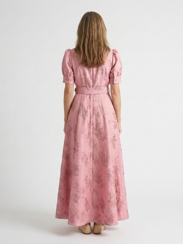 Xanthea | Tailored Floral Textured Maxi Shirt Dress with Short Sleeves