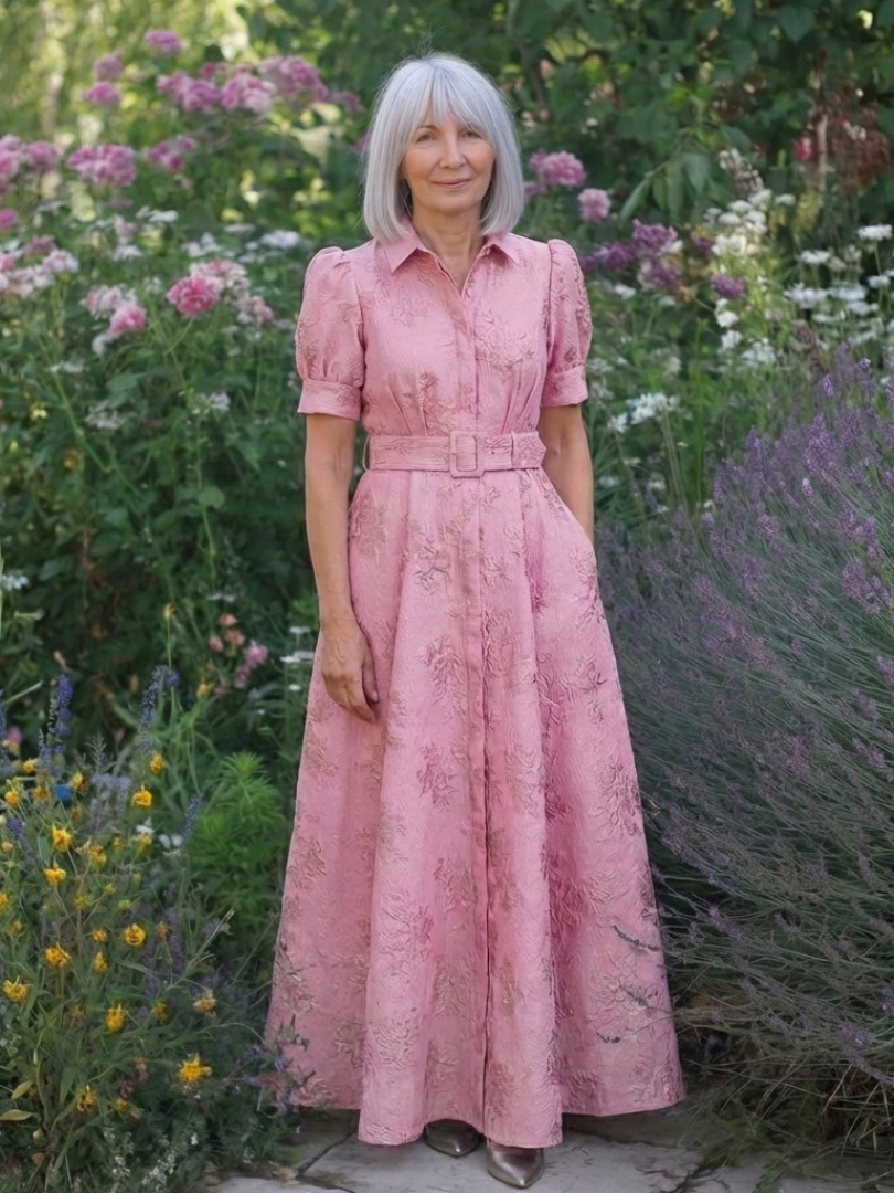 Xanthea | Tailored Floral Textured Maxi Shirt Dress with Short Sleeves