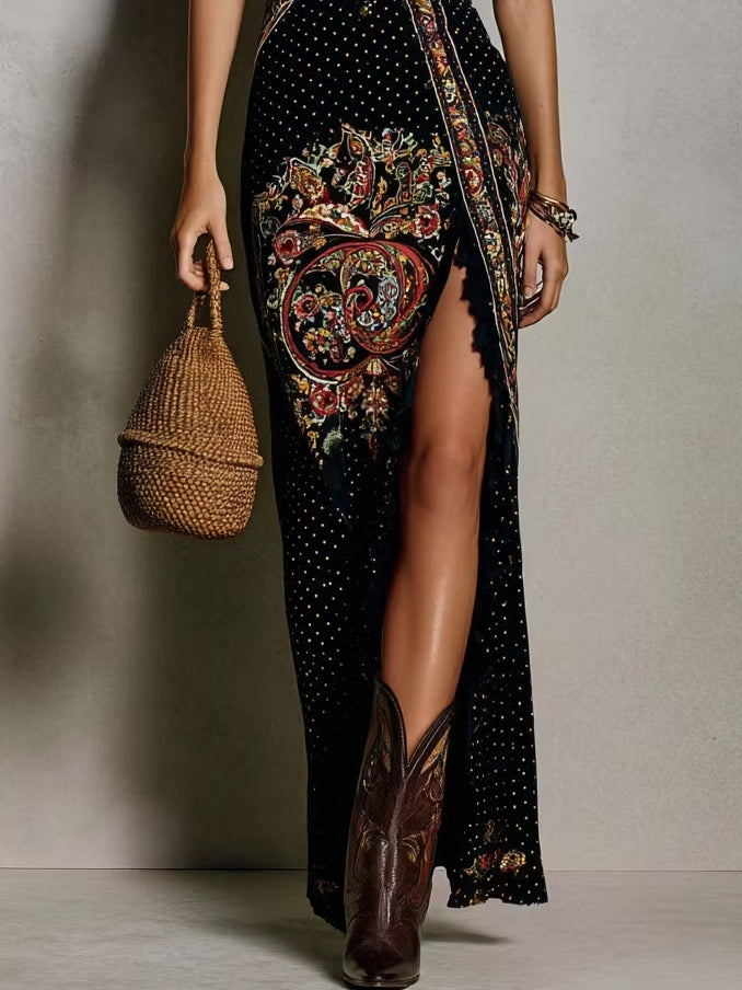 Bohemian V-Neck Dress with High Slit and Artistic Print