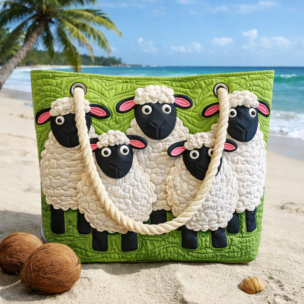 Artisan Beach Bag Featuring Whimsical Sheep in the Sky Design