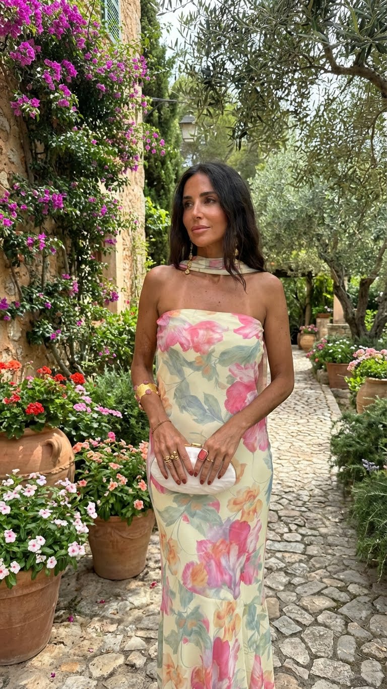 Strapless Floral Watercolour Long Dress