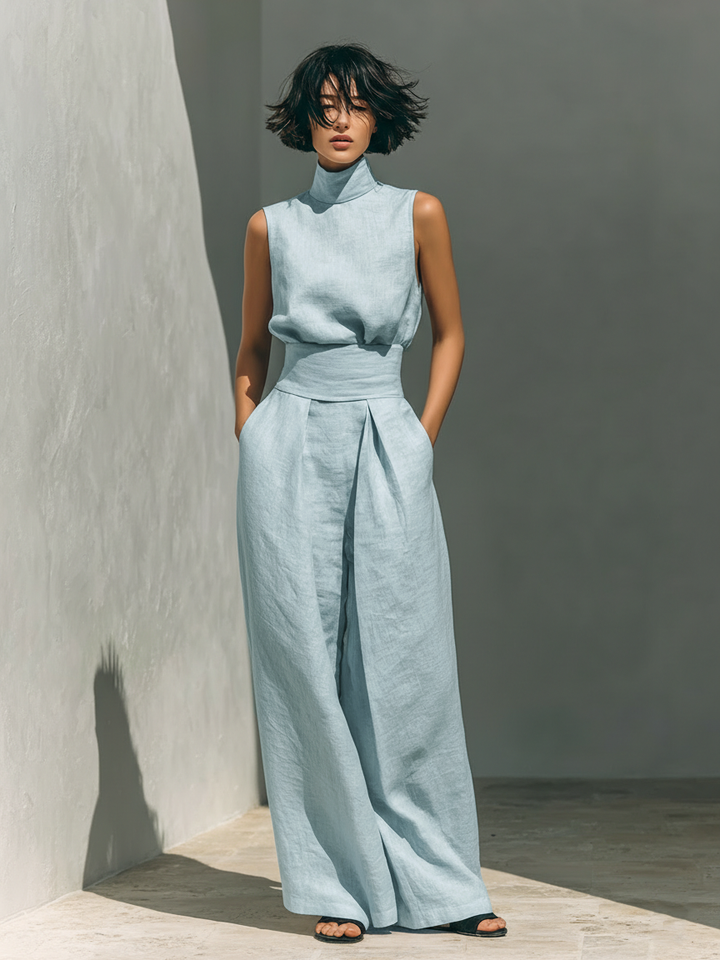 Summer Suit: Sleeveless Top and Wide-Leg Trousers in Cotton and Linen Blend.