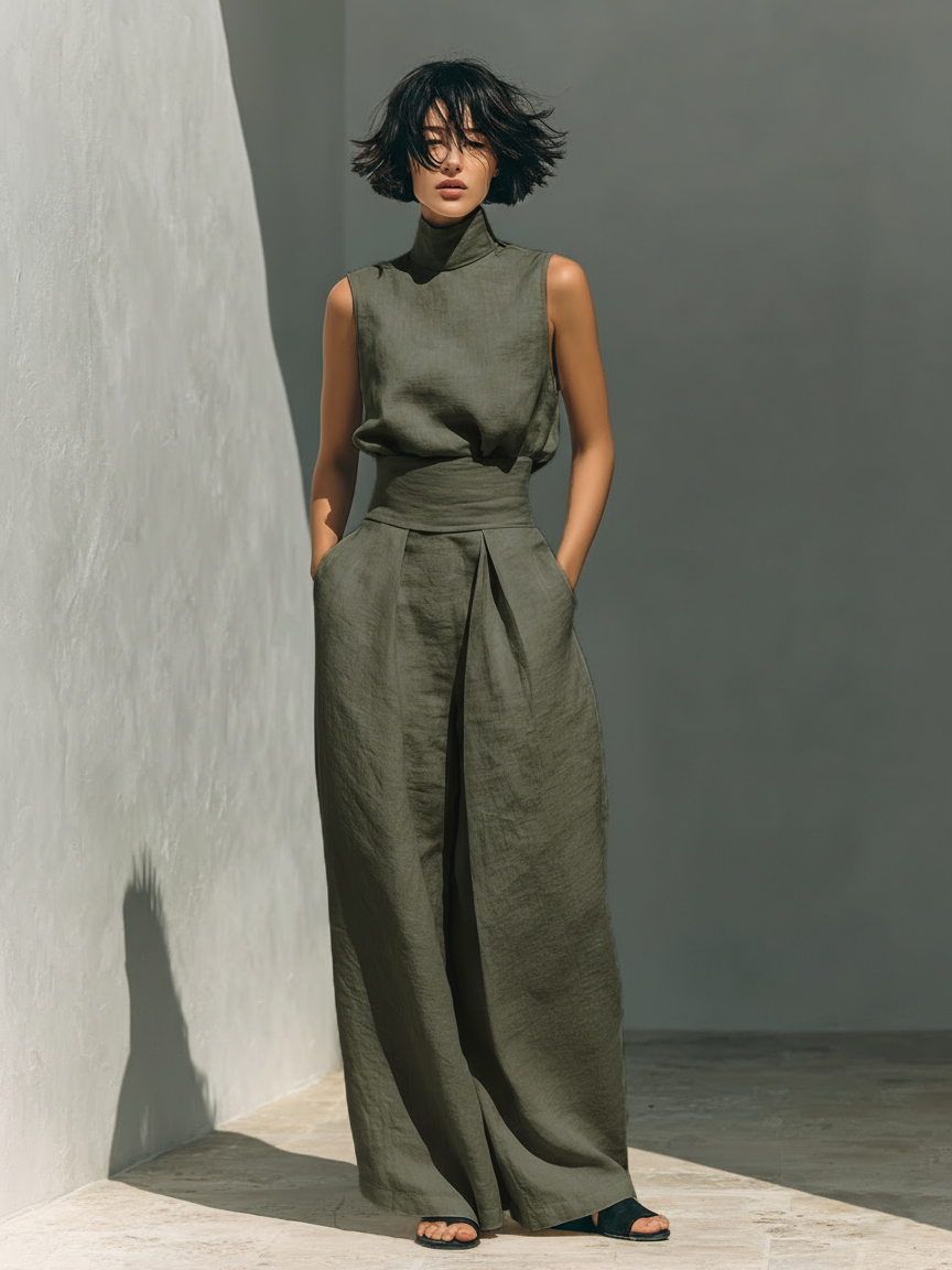 Summer Suit: Sleeveless Top and Wide-Leg Trousers in Cotton and Linen Blend.