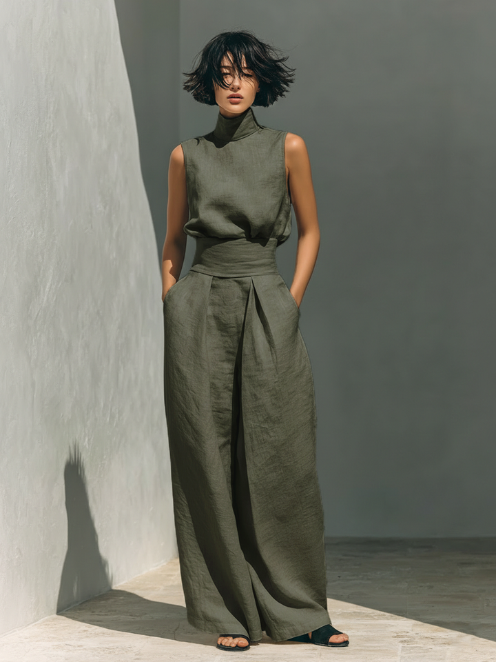 Summer Suit: Sleeveless Top and Wide-Leg Trousers in Cotton and Linen Blend.