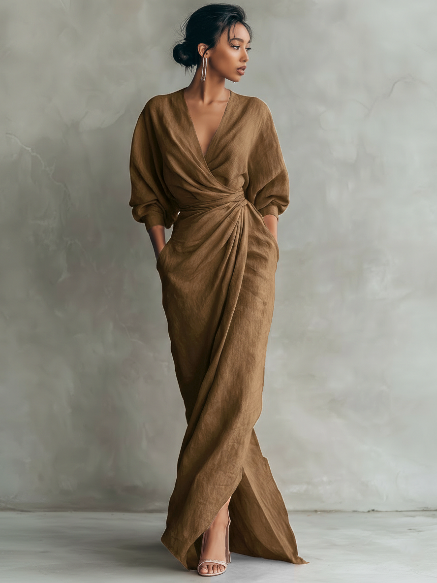 Long Minimalist Pink Dress with V-Neck in Linen Blend for Women