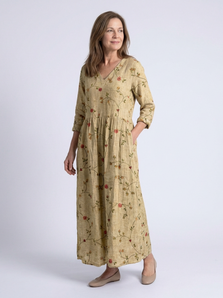 Marina | Floral V-Neck Maxi Dress with 3/4 Sleeves