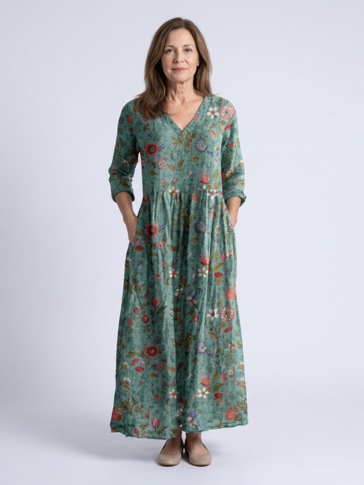 Marina | Floral V-Neck Maxi Dress with 3/4 Sleeves