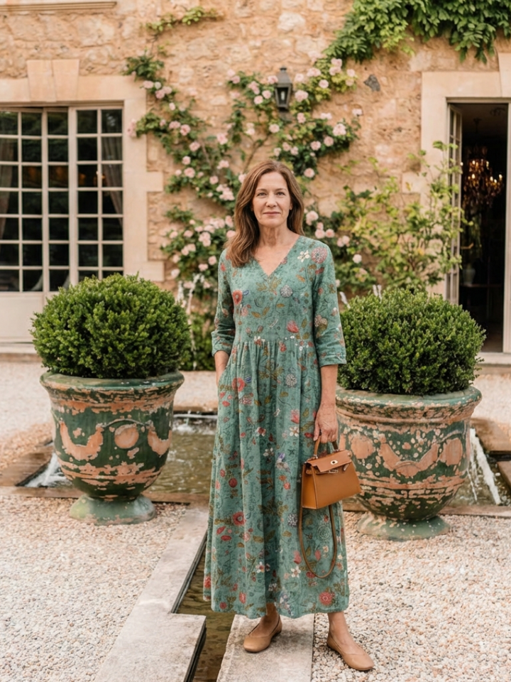 Marina | Floral V-Neck Maxi Dress with 3/4 Sleeves