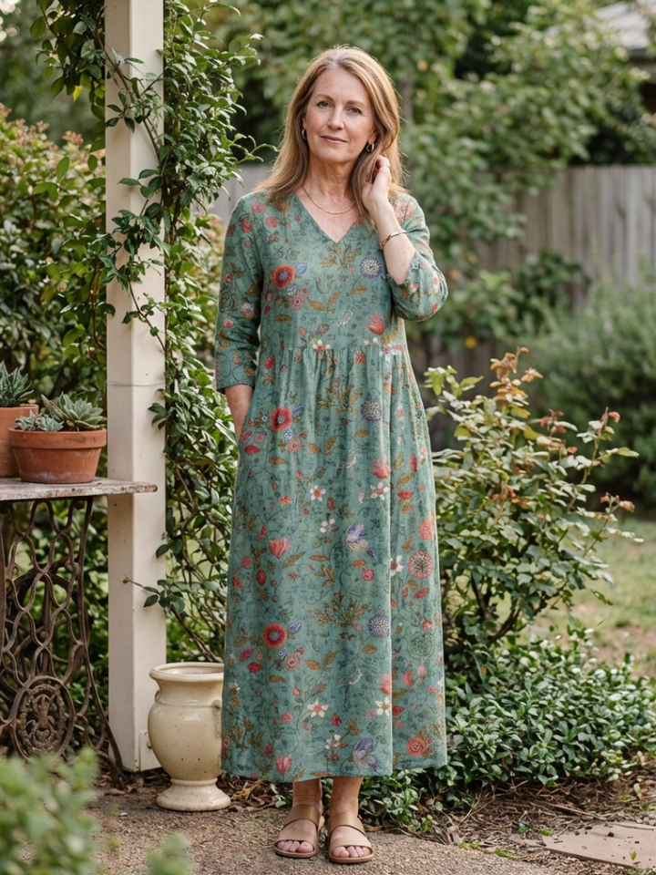 Marina | Floral V-Neck Maxi Dress with 3/4 Sleeves