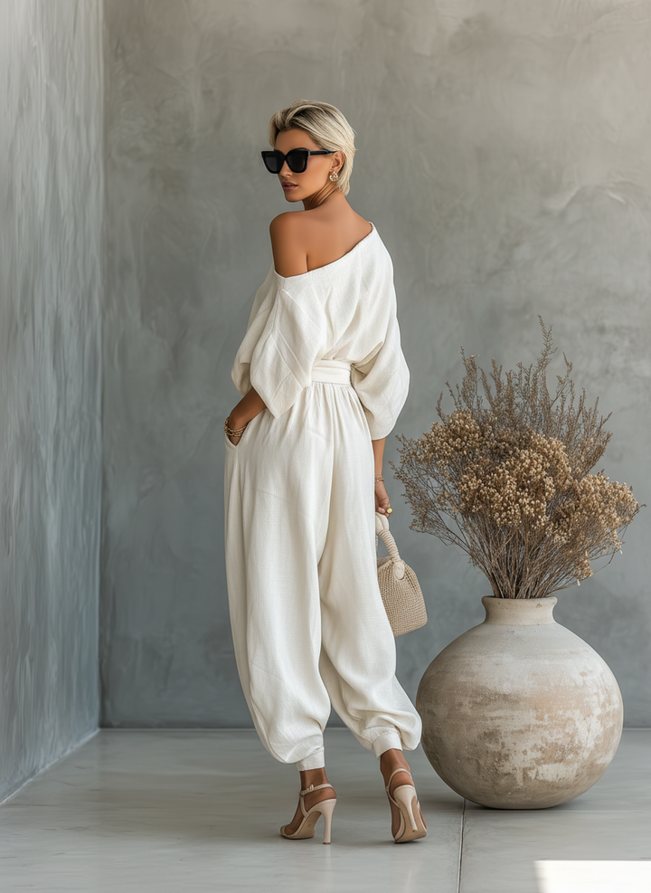 Lisa | Off-Shoulder Soft Top with Fitted Trousers Ensemble