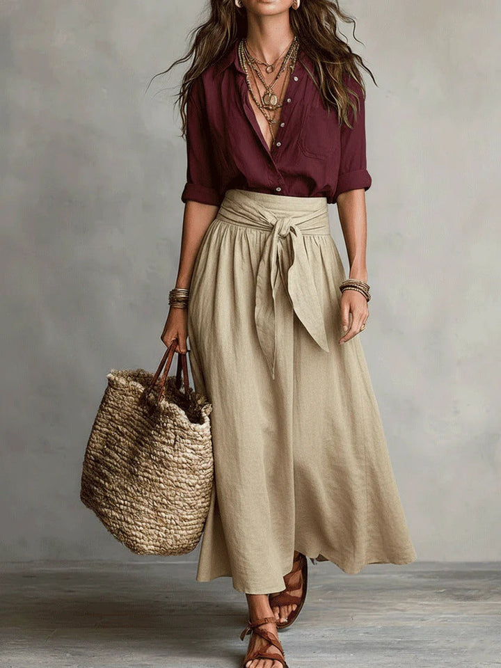 Vera – Two Piece Set: Black T-shirt and Olive Green Midi Skirt