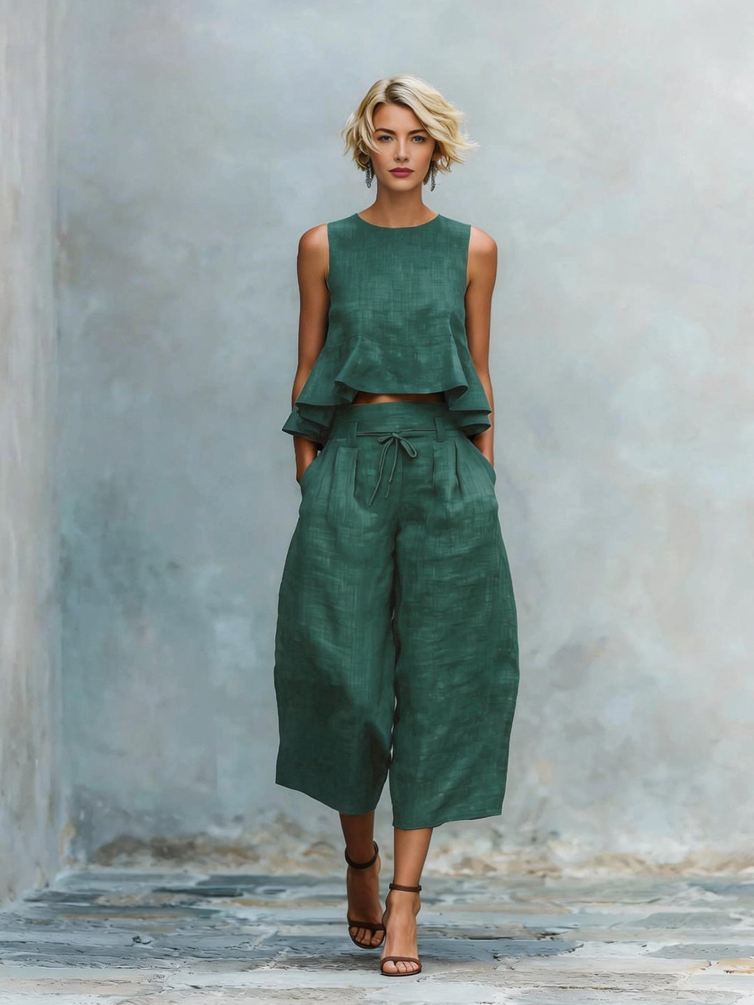 Women's two-piece outfit with ruffled hem
