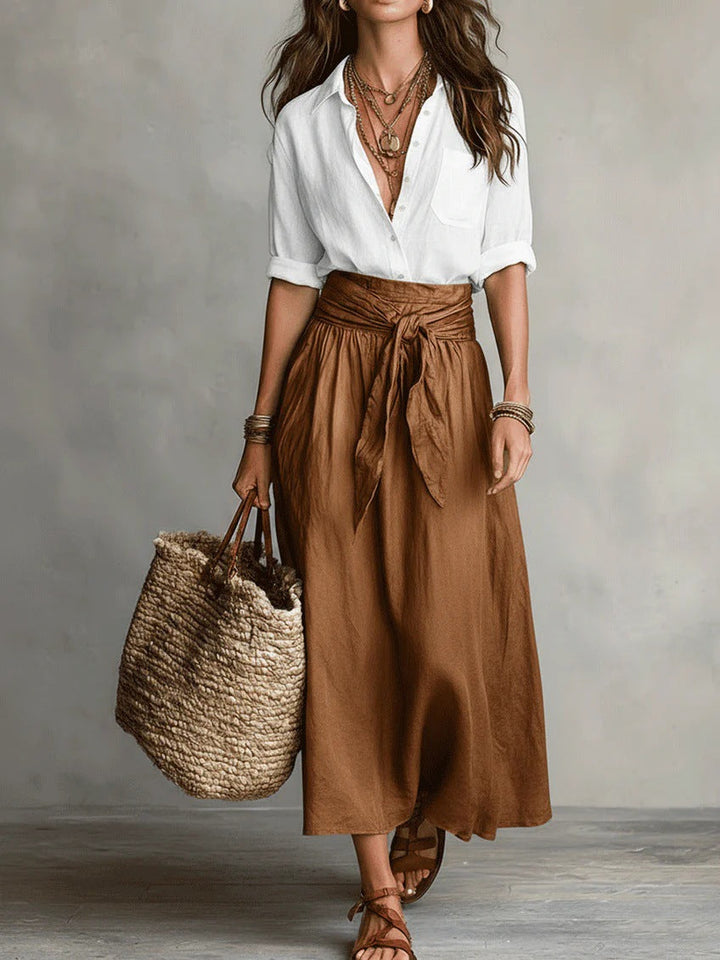 Vera – Two Piece Set: Black T-shirt and Olive Green Midi Skirt