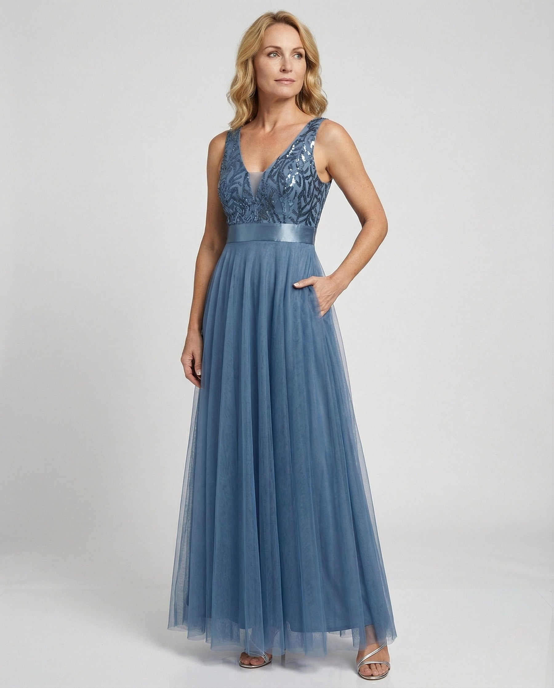 Long Tulle Evening Dress with Embroidery
