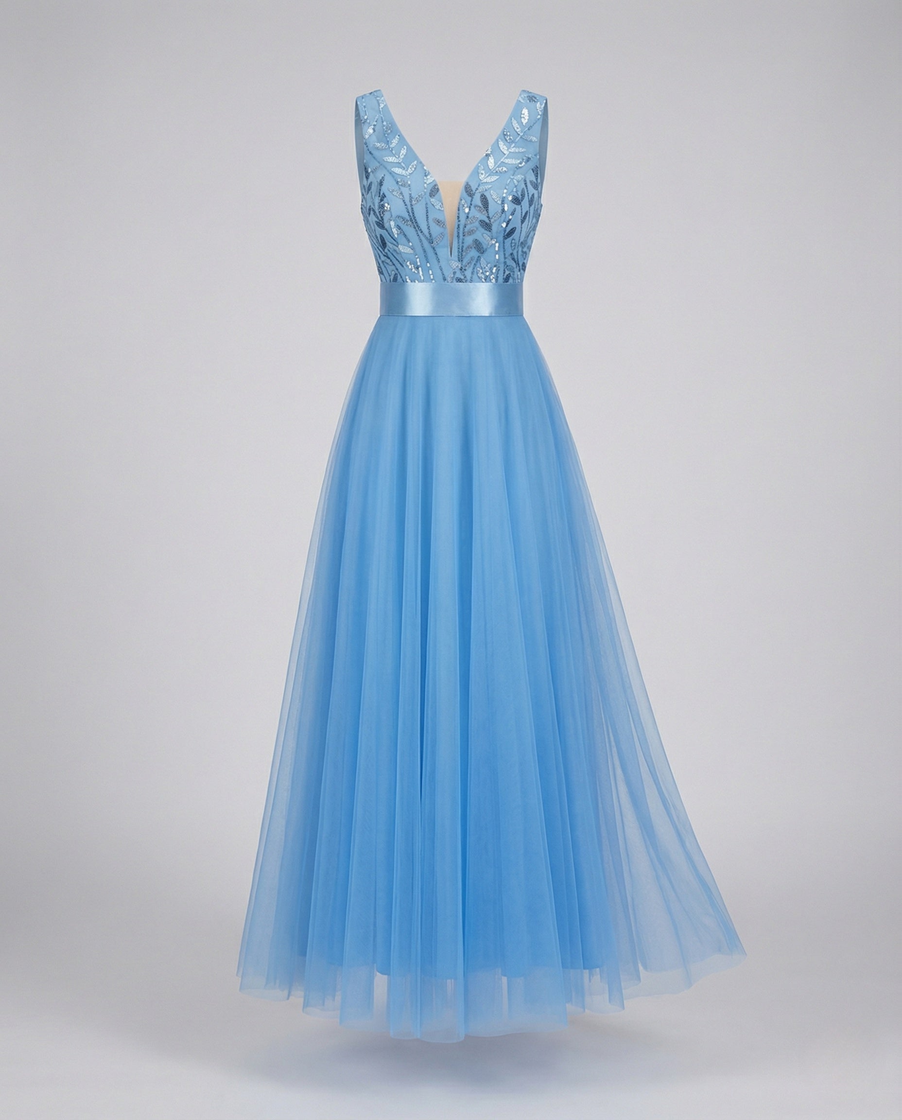 Long Tulle Evening Dress with Embroidery