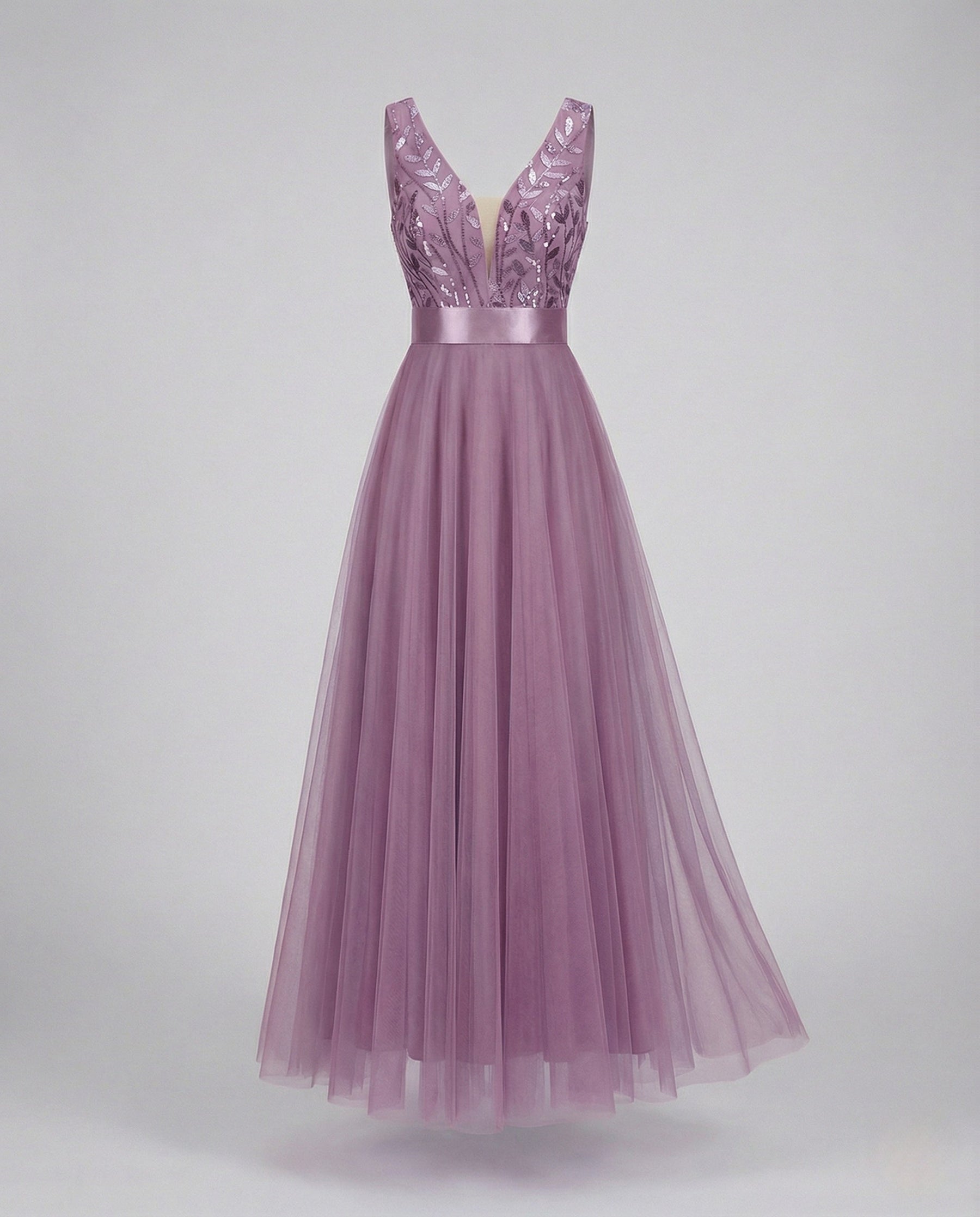 Long Tulle Evening Dress with Embroidery