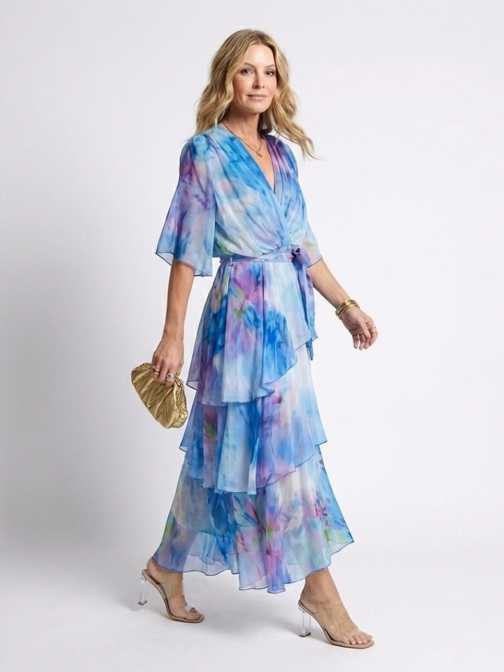 Calista | V-Neck Maxi Dress with Sheer Layered Design and Tie Belt