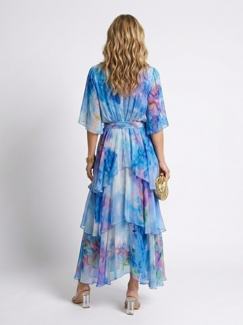 Calista | V-Neck Maxi Dress with Sheer Layered Design and Tie Belt