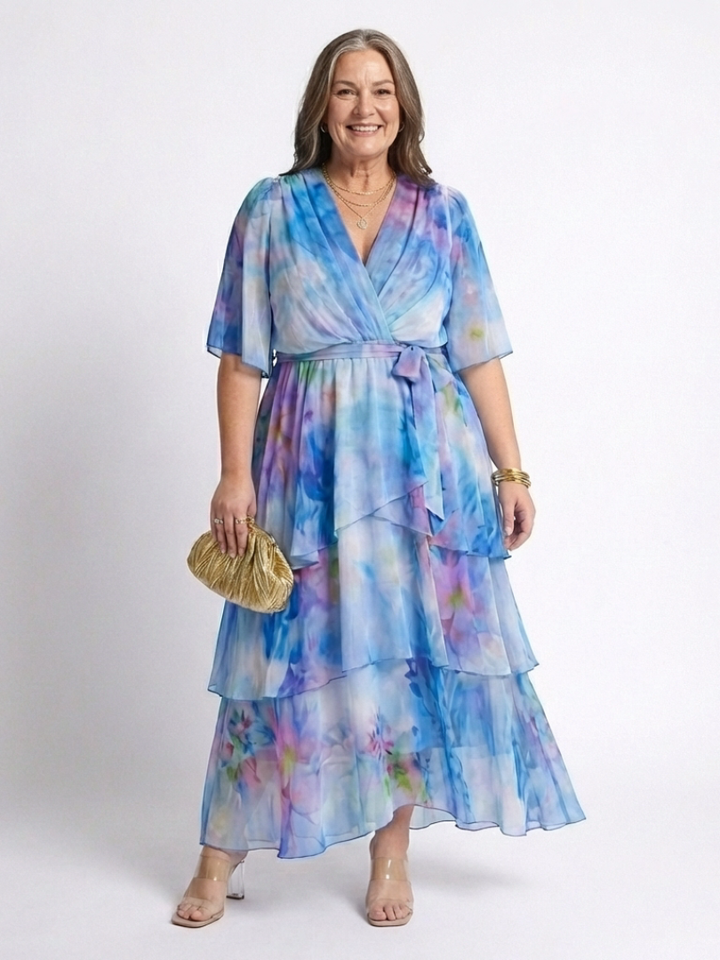 Calista | V-Neck Maxi Dress with Sheer Layered Design and Tie Belt