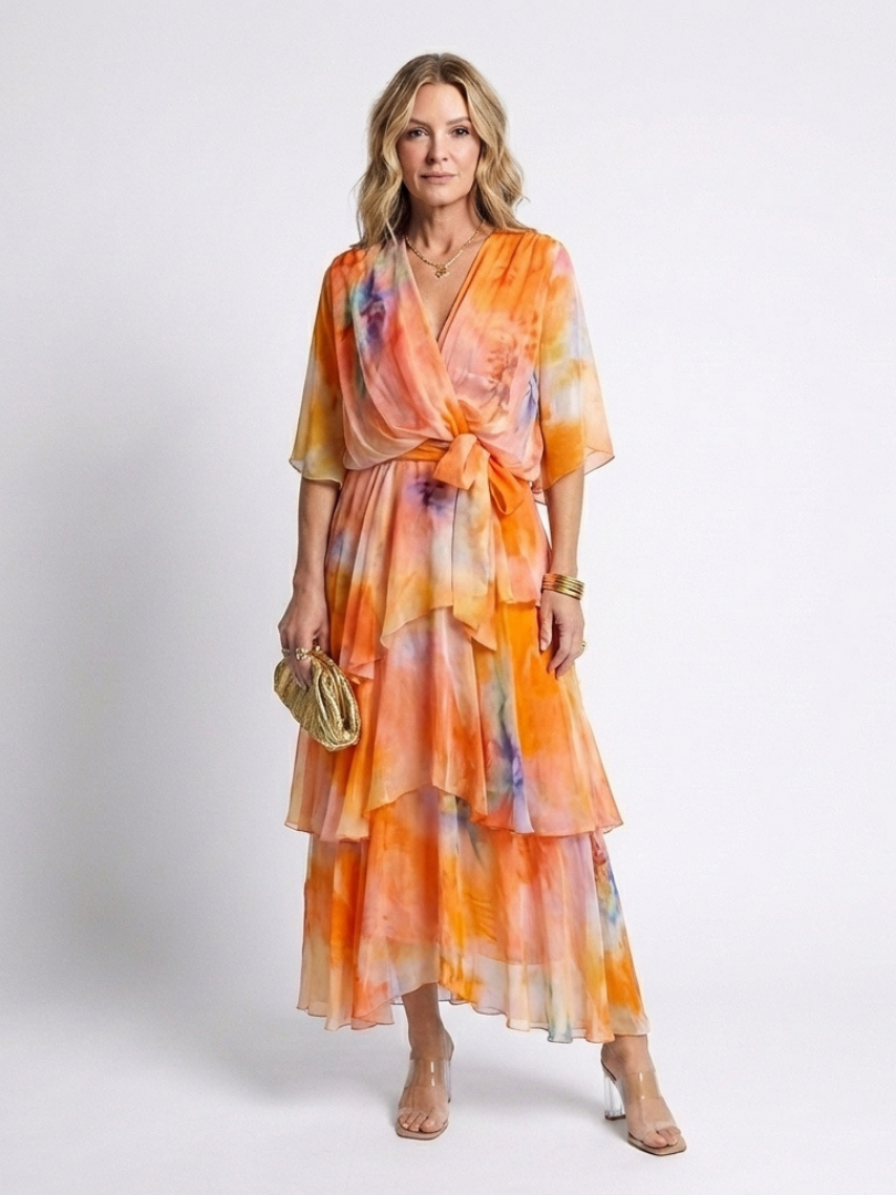 Calista | V-Neck Maxi Dress with Sheer Layered Design and Tie Belt