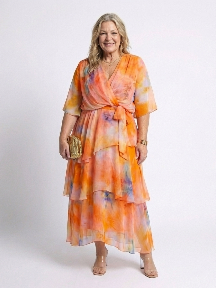 Calista | V-Neck Maxi Dress with Sheer Layered Design and Tie Belt