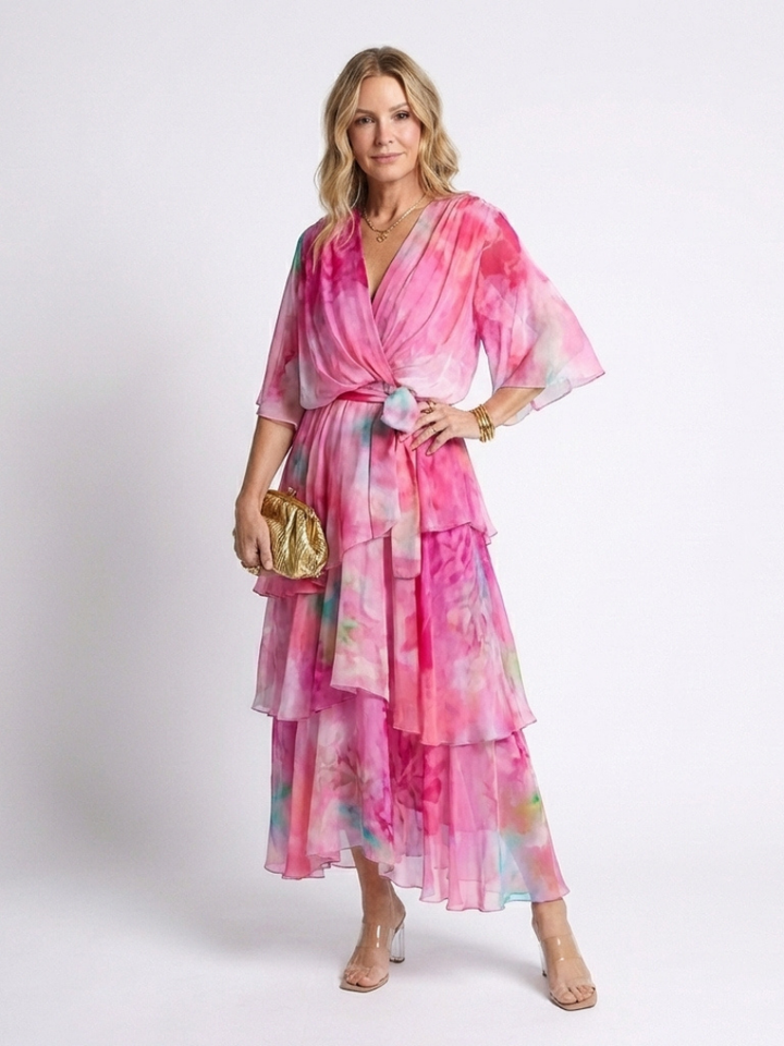 Calista | V-Neck Maxi Dress with Sheer Layered Design and Tie Belt
