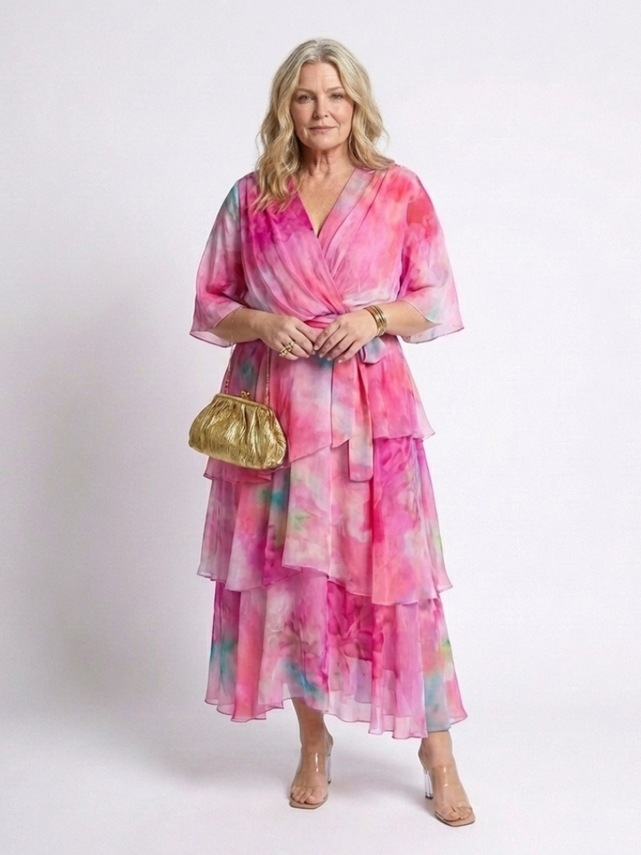 Calista | V-Neck Maxi Dress with Sheer Layered Design and Tie Belt