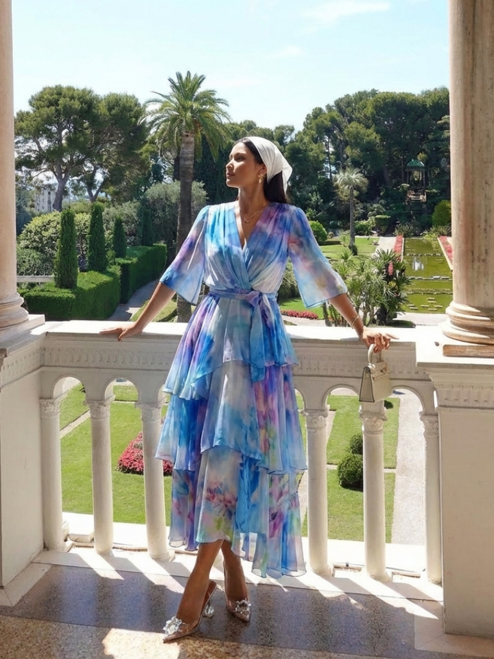 Piper | Sheer Layered V-Neck Tie Waist Short Flutter Sleeve Maxi Dress
