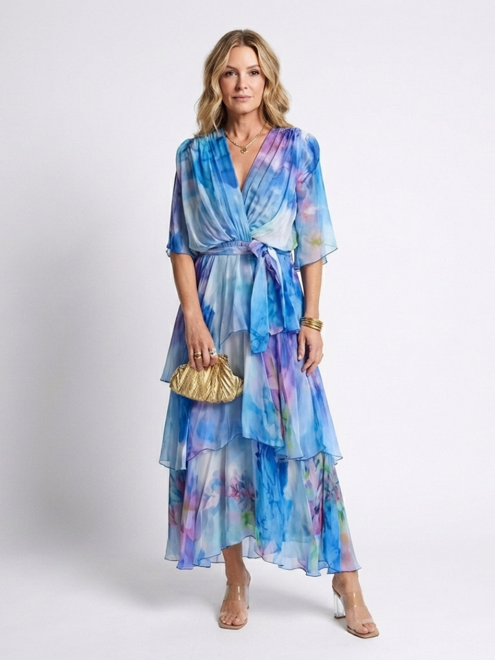 Calista | V-Neck Maxi Dress with Sheer Layered Design and Tie Belt