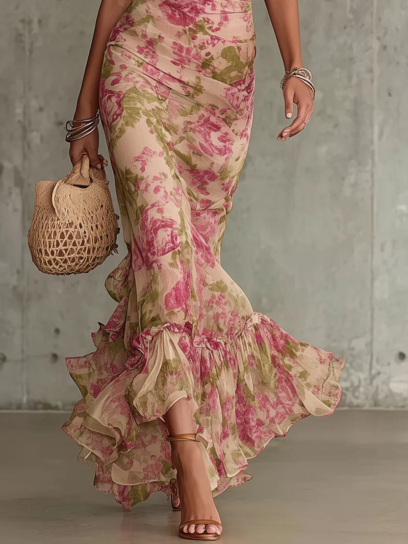 Vintage Pink Printed Maxi Dress with Puff Sleeves (Accessories Sold Separately)