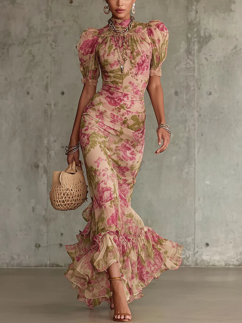 Vintage Pink Printed Maxi Dress with Puff Sleeves (Accessories Sold Separately)