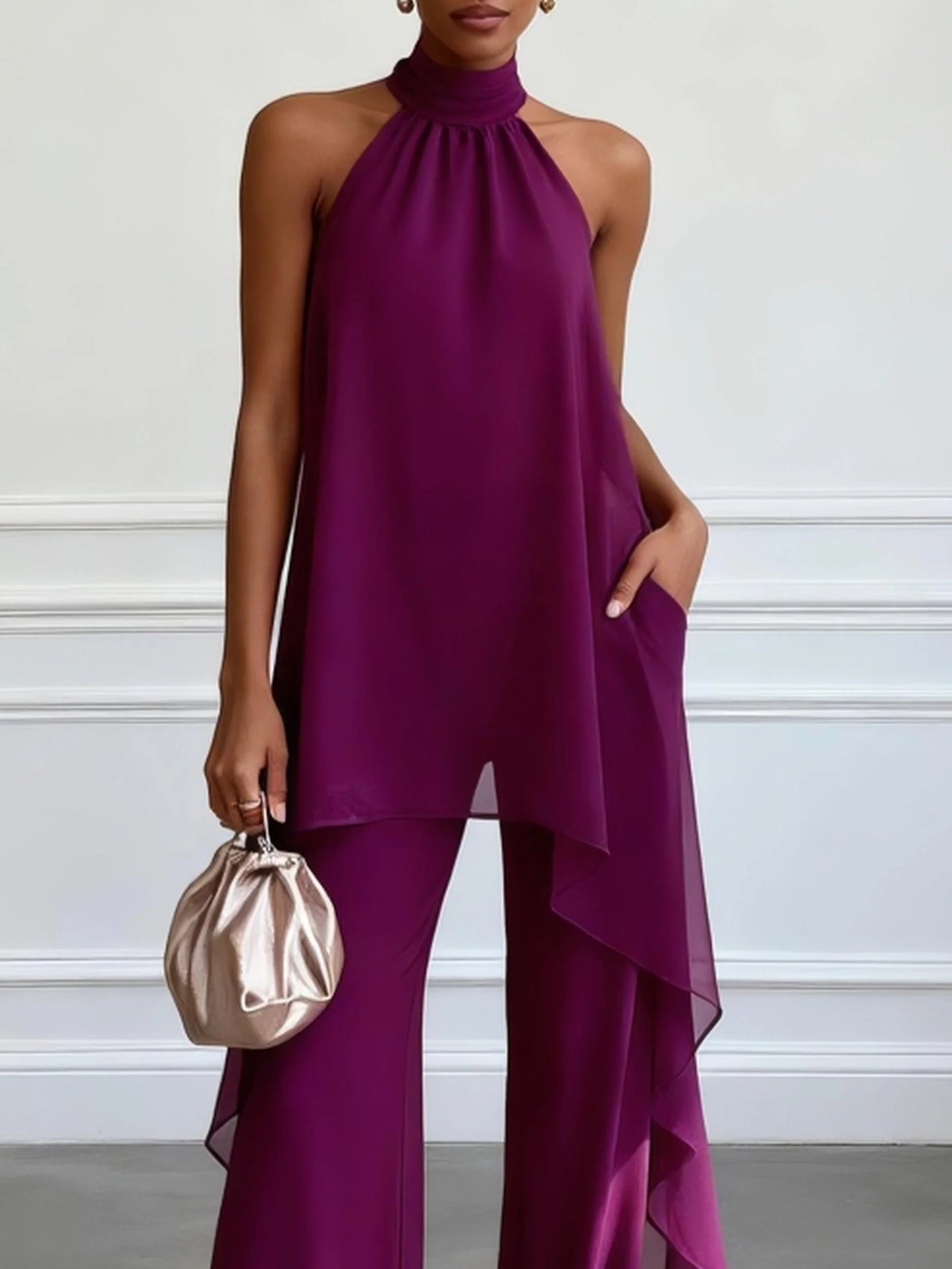 Chic Purple Sleeveless Top and Trouser Set