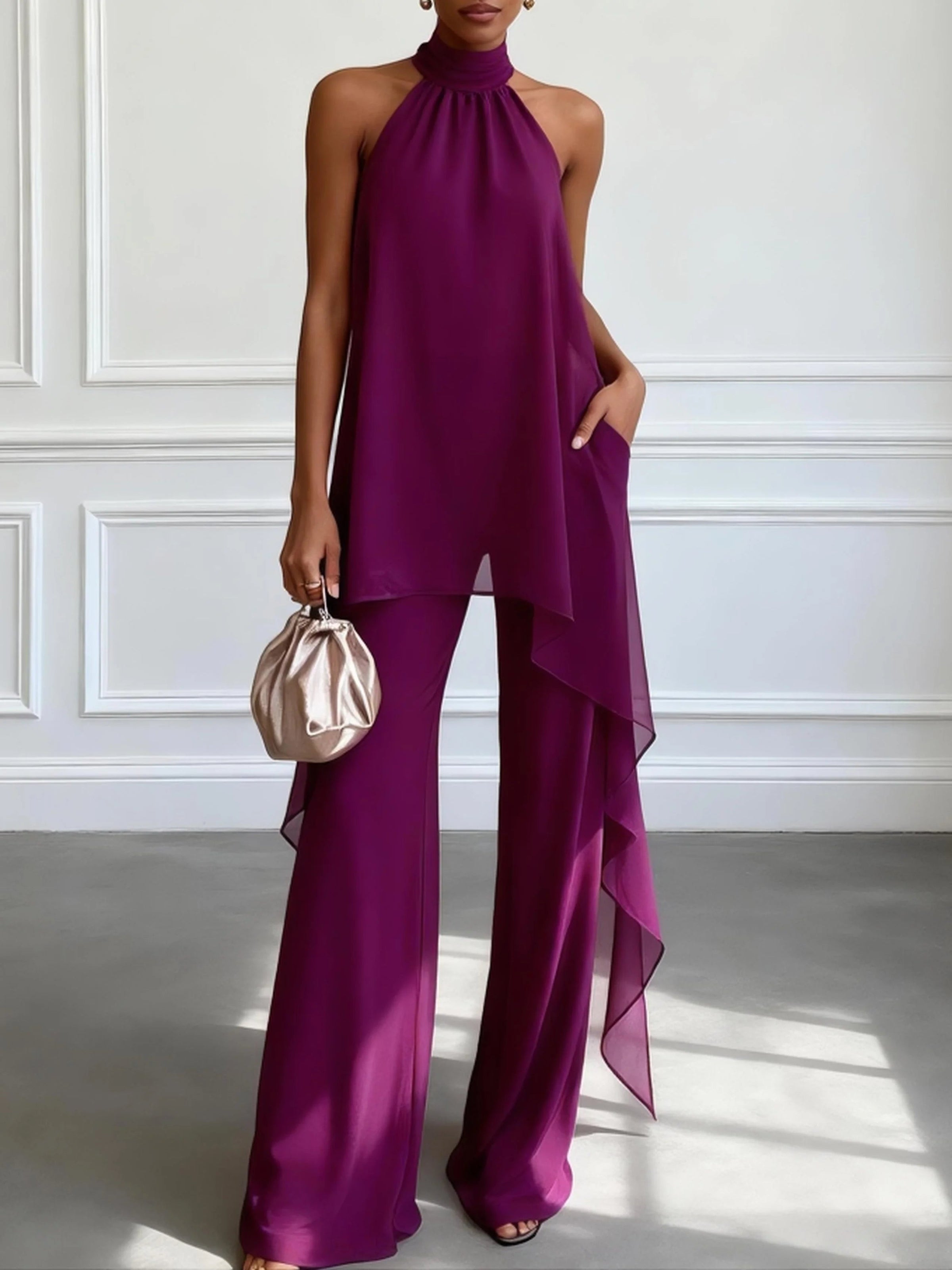 Chic Purple Sleeveless Top and Trouser Set