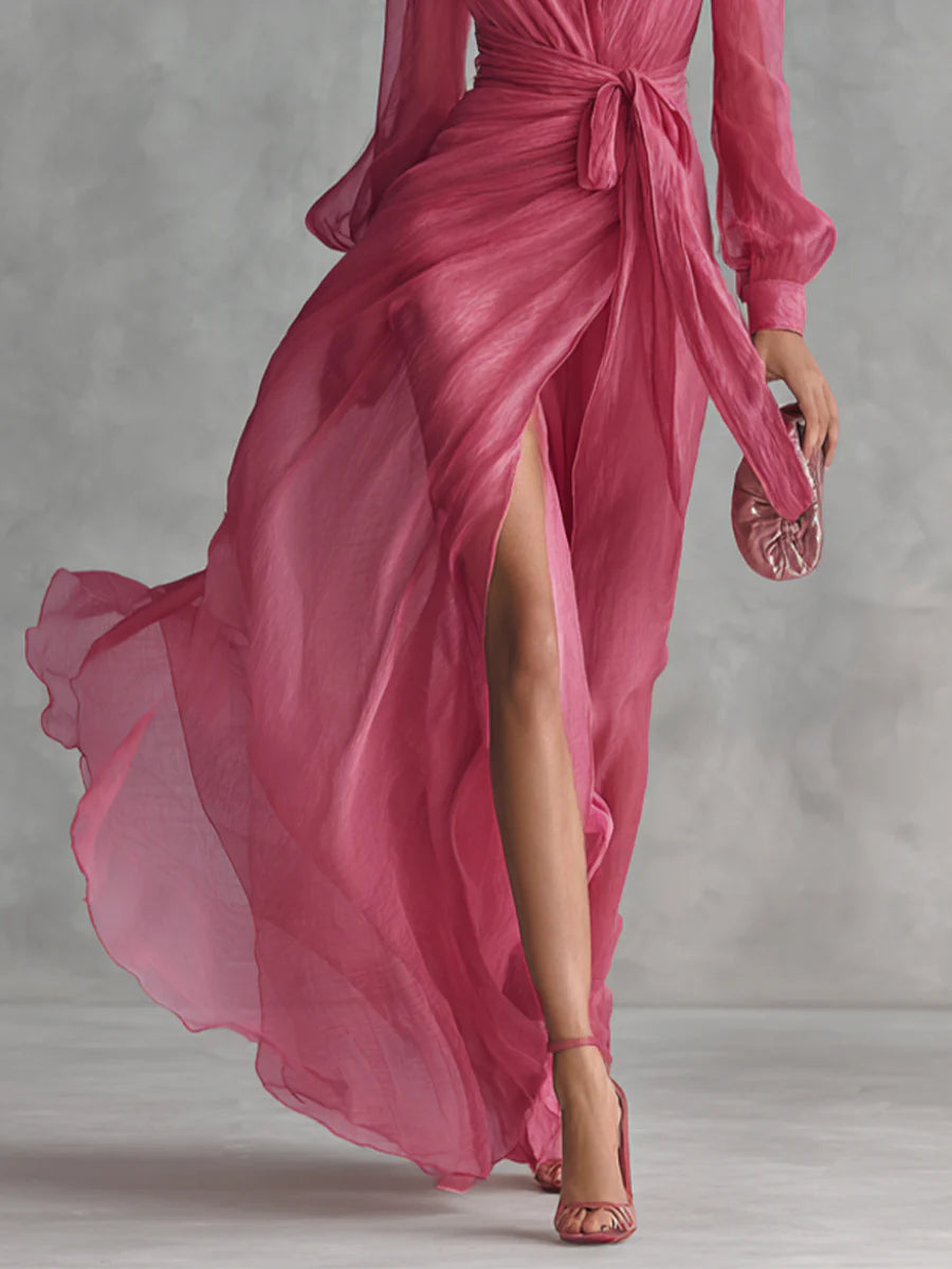 Beatrice | Chic V-Neck Chiffon Long Dress with Tie-Waist
