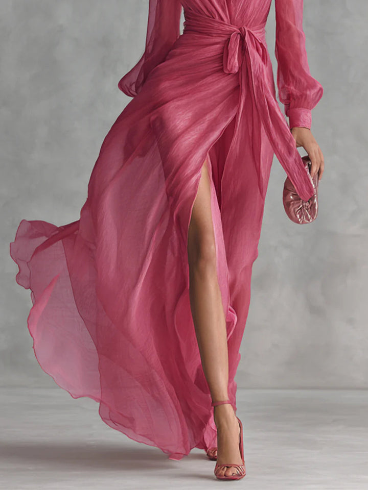 Beatrice | Chic V-Neck Chiffon Long Dress with Tie-Waist